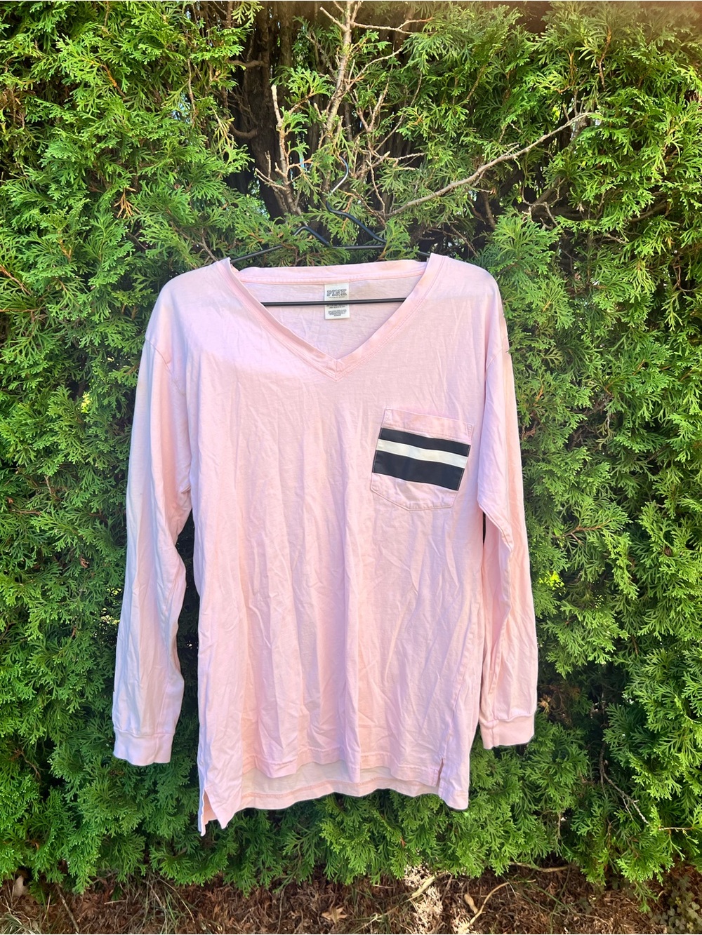 PINK Victoria's Secret Light Pink Long-Sleeve V-Neck Top with Striped Pocket